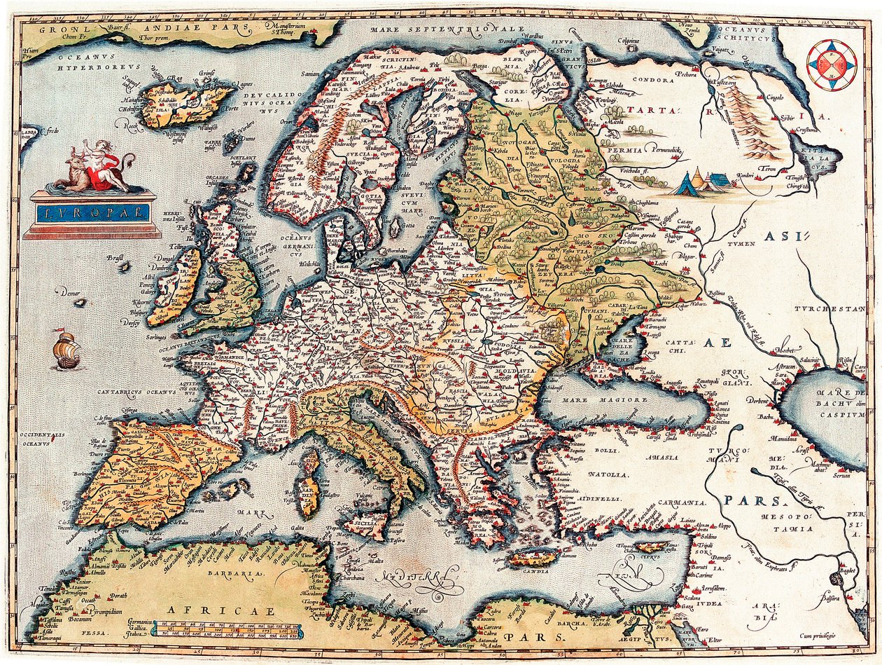 Euroopan mantereen kuvaus. Maantieteellinen kartta "Theatrum Orbis Terrarumista", kirjoittanut Abraham Ortelius tekijältä Abraham Ortelius
