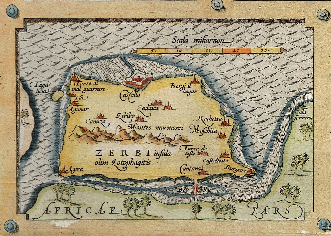 Yksityiskohta Zerbistä Välimeren saarten kartalta tekijältä Abraham Ortelius