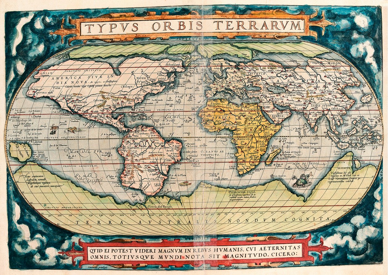 Maan kartta (maailmankartta) Maantieteellinen kartta "Theatrum Orbis Terrarumista", kirjoittanut Abraham Ortelius (1527-1598) tekijältä Abraham Ortelius