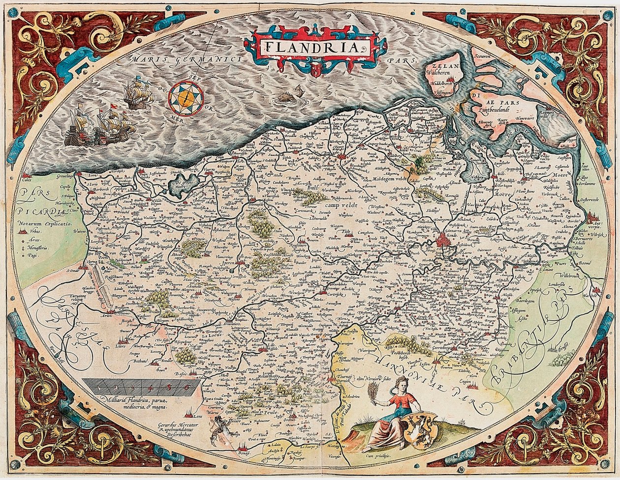 Flanderi Maantieteellinen kartta Flanderin alueesta Abraham Orteliuksen (Oertel, Ortell tai Ortel) "Theatrum Orbis Terrarumista" tekijältä Abraham Ortelius