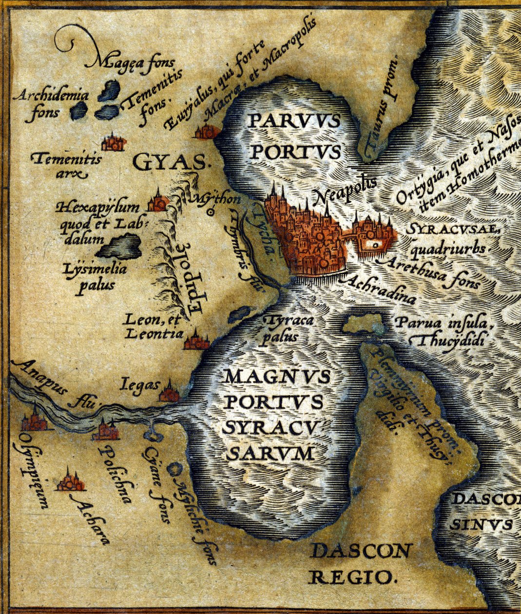 Entinen Syrakusan satama (Sisilia) - Abrahm Orteliuksen "" Atlasissa"" tekijältä Abraham Ortelius