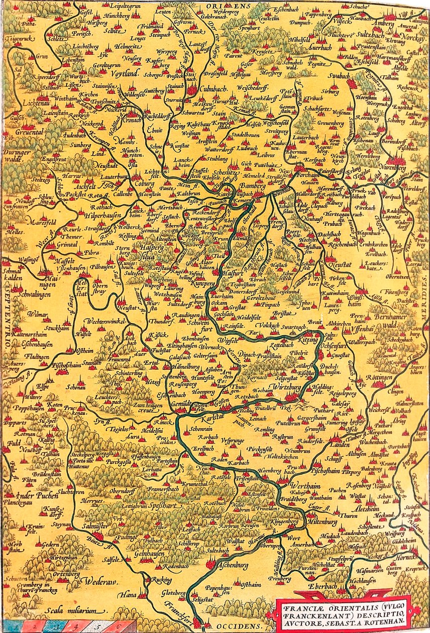 Itä-Ranska (Vulgo/Franckenlant) Kuvaus, kirjoittaja, Sebast. A. Rotenhan Maantieteellinen kartta Frankenin alueesta Saksassa ja Frankfurtin kaupunki (myös Karlstadtin kaupunki..) otettu Abraham Orteliuksen (Oer) "Theatrum Orbis Terrarumista" tekijältä Abraham Ortelius