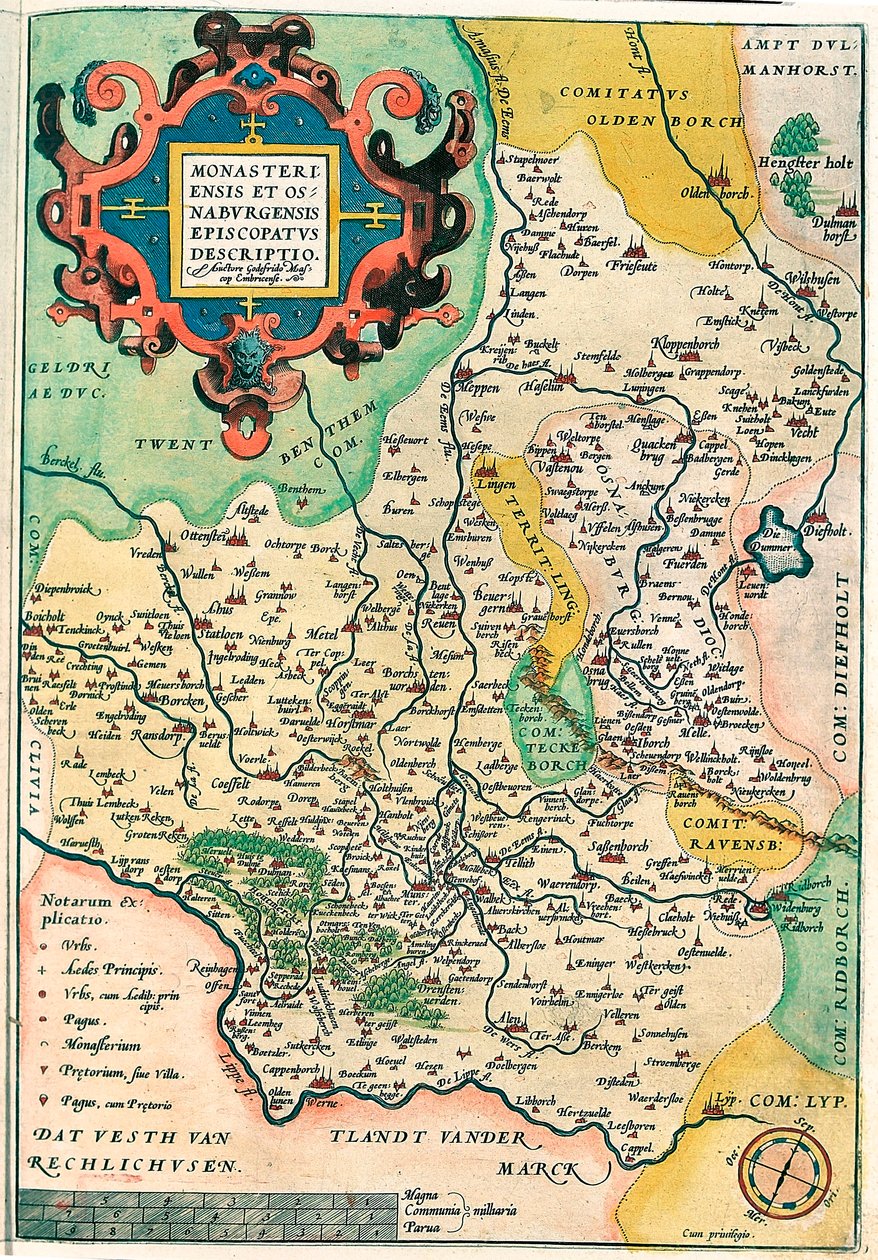 Itä-Franssia: Monasteriensis Et Osnaburgensis Episcopate Kuvaus Frankenin maantieteellinen kartta Saksassa Abraham Orteliuksen (Oertel, Ortell tai Ortel) "Theatrum Orbis Terrarumista" tekijältä Abraham Ortelius