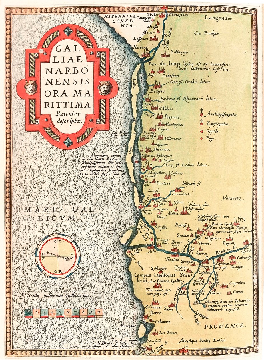 Galliae Narbonensis ora Marittima Viimeaikainen kuvaus Narbonnen alueen maantieteellinen kartta, joka kuljettaa Narbonnen kaupungin Marseilleen Beziersin, Montpellierin, Arlesin kautta tekijältä Abraham Ortelius