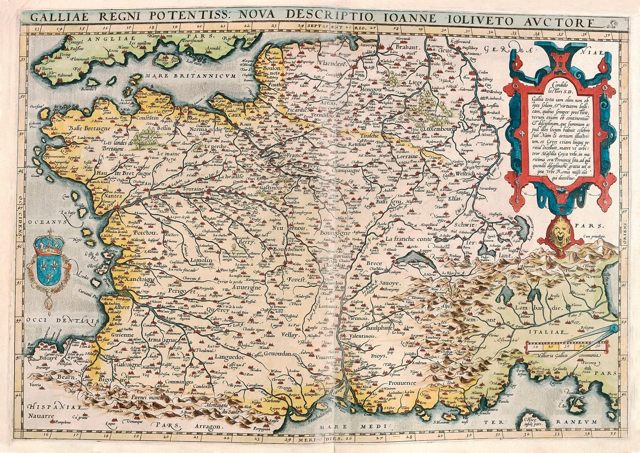 voimakas Gallian valtakunta. uusi kuvaus. Gallian (Ranska) alueen maantieteellinen kartta Abraham Orteliuksen (Oertel, Ortell tai Ortel) "Theatrum Orbis Terrarumista" tekijältä Abraham Ortelius