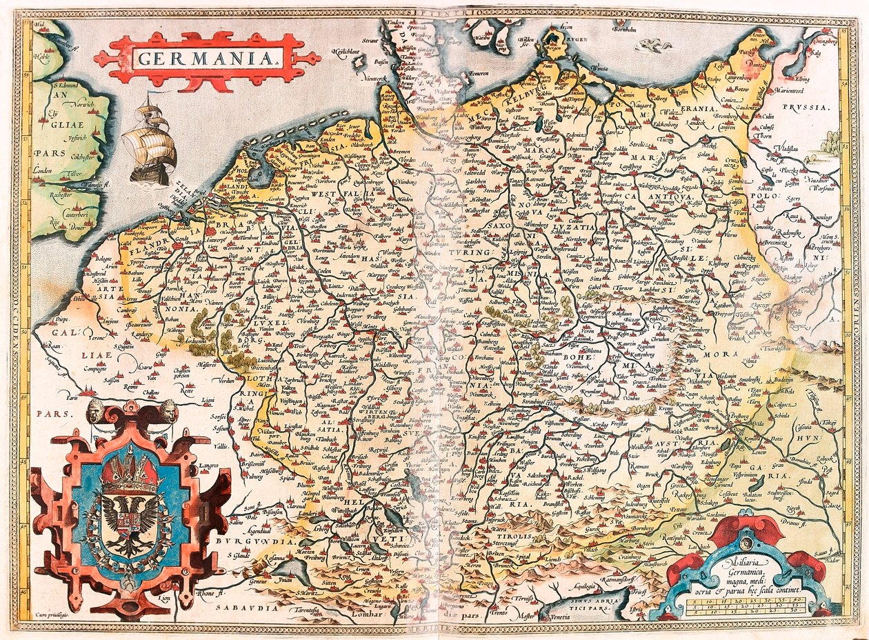 Saksa Maantieteellinen kartta Saksan alueesta (Pyhä germaaninen valtakunta) Abraham Orteliuksen (Oertel, Ortell tai Ortel) "Theatrum Orbis Terrarumista" tekijältä Abraham Ortelius