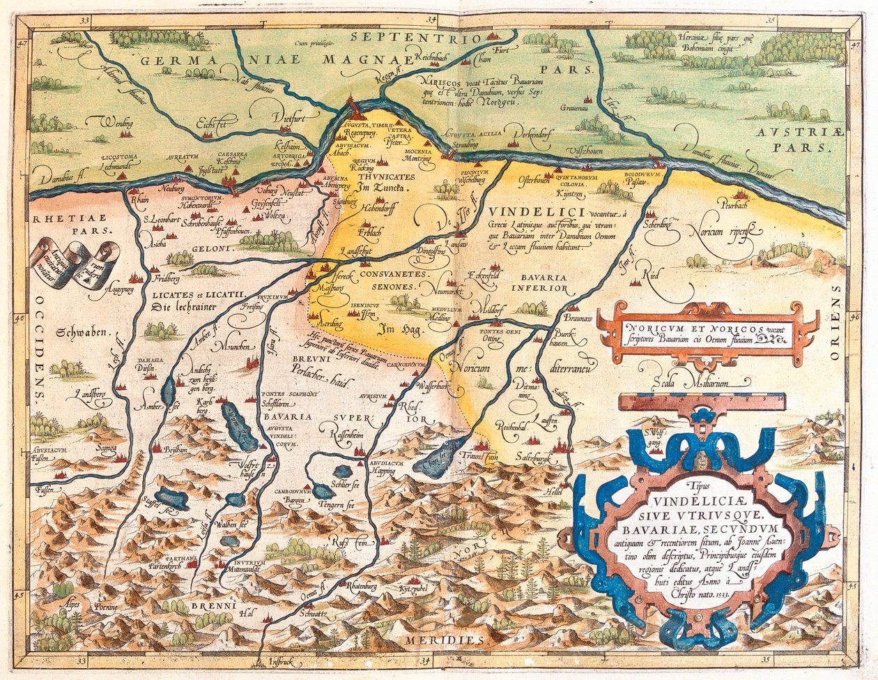 Saksa (osavaltio: Baijeri), Itävalta (osavaltio: Tirol, Ylä-Itävallan osavaltio, Salzburg). tekijältä Abraham Ortelius