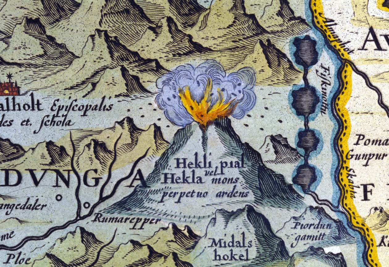Hekla tulivuori Islannissa. Abraham Orteliuksen atlas, Amsterdam 1588. tekijältä Abraham Ortelius