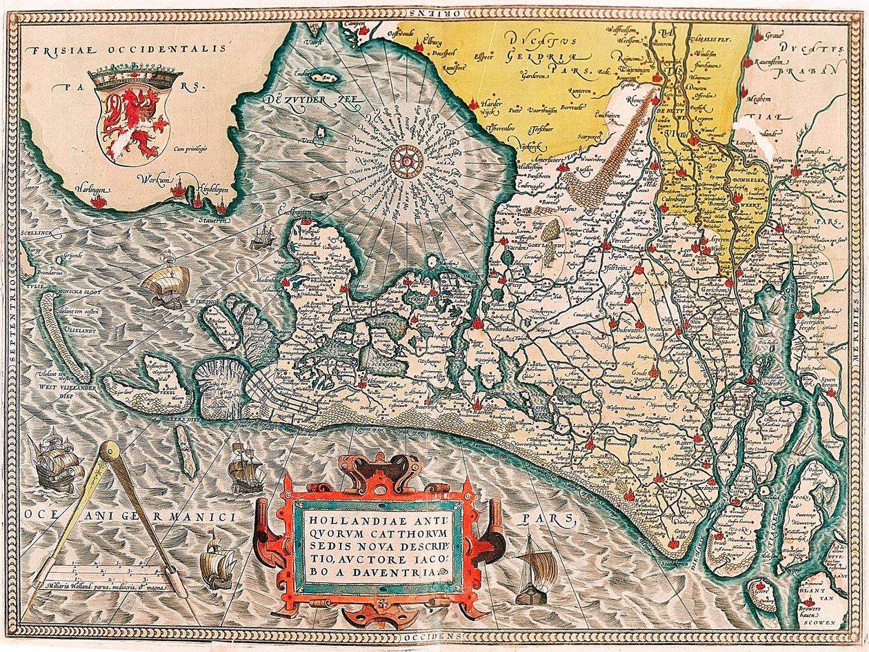 Uusi kuvaus Hollannin muinaisten kissojen istuimesta, Lacobos Daventria Maantieteellinen kartta Alankomaiden alueesta Amsterdamin ja Haarlemin kaupungeilla... otettu Abraham Orteliuksen "Theatrum Orbis Terrarumista" (Oertel, Ortell tai Orte tekijältä Abraham Ortelius