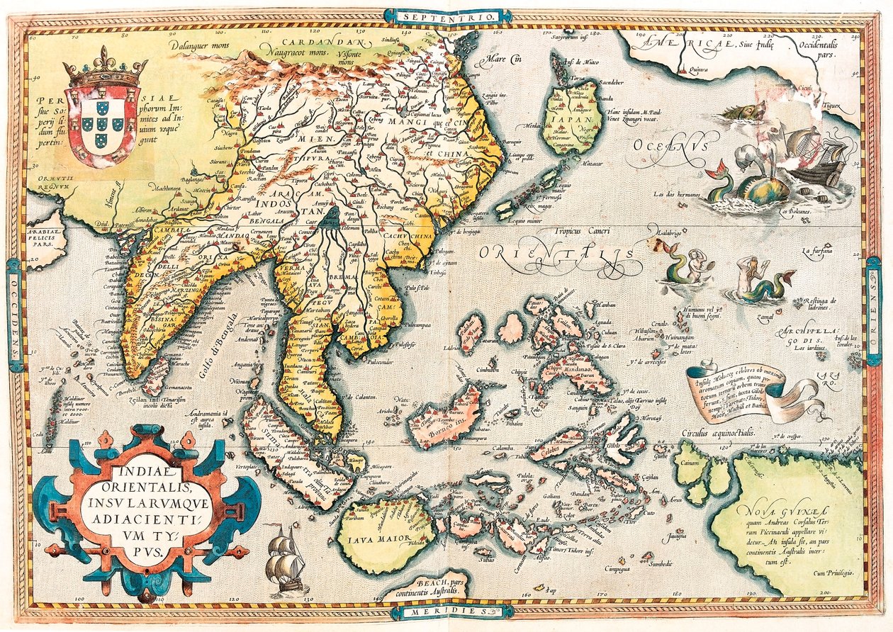 Itä-Intian yritys. Itä-Intian ja Kaakkois-Aasian alueen maantieteellinen kartta Abraham Orteliuksen (Oertel, Ortell tai Ortel) Theatrum Orbis Terrarumilta tekijältä Abraham Ortelius