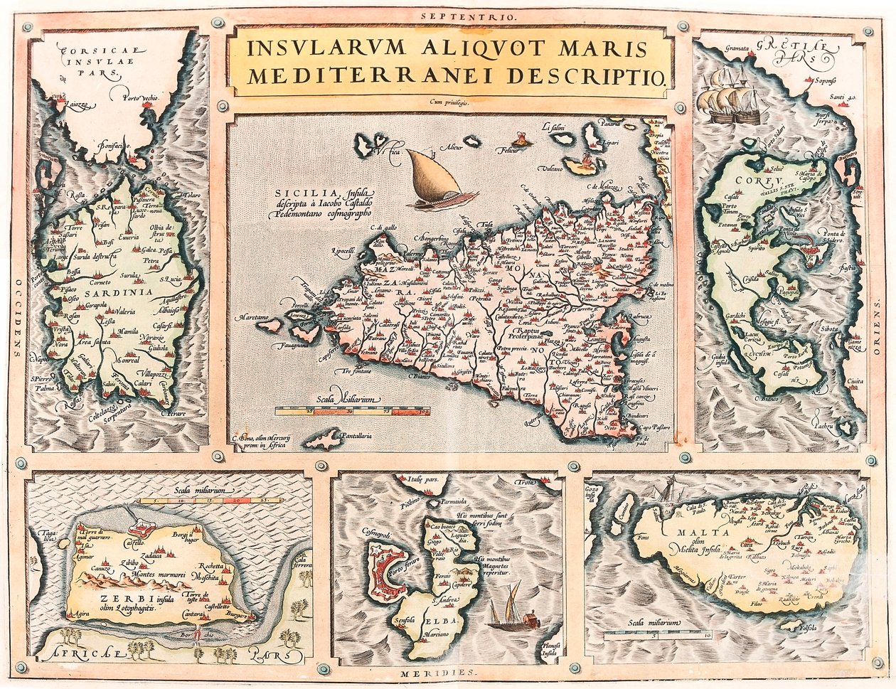 Kuvaus useista Välimeren saarista. Maantieteellinen kartta Välimeren Sisilian, Sardinian, Korfun, Maltan, Djerban ja Elban saarista (Sisilia, Sardegna, Colfu, Malta Djerba, Elba) Abraham Orteliuksen (Oertel, Ortell) "Theatrum Orbis Terrarumista" tekijältä Abraham Ortelius