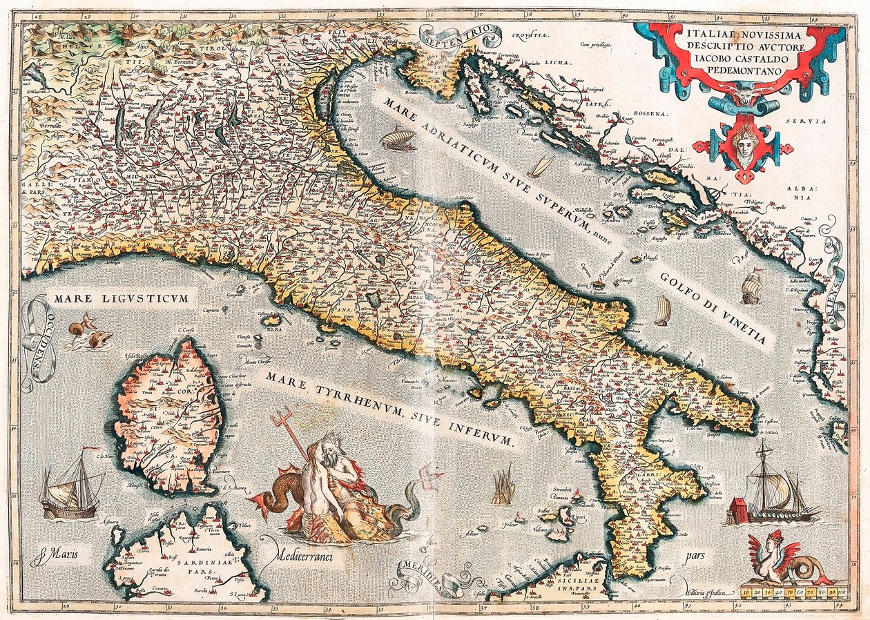 Kirjoittajan viimeisin kuvaus Italiasta Jacob Castaldo Piedmontano Maantieteellinen kartta Italian alueesta otettu Abraham Orteliuksen "Theatrum Orbis Terrarumista" (Oertel, Ortell tai Ortel tekijältä Abraham Ortelius