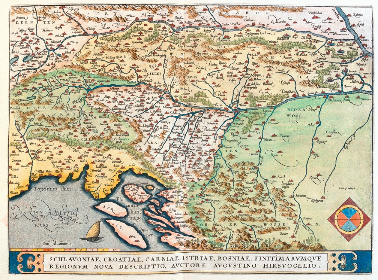 Italia (Friuli-Venezia Giulian alue), Itävalta (osavaltiot: Tirol, Kärnten), Slovenia, Pohjois-Kroatia, Bosnia ja Hertsegovinan pohjois- ja keskiosat. tekijältä Abraham Ortelius