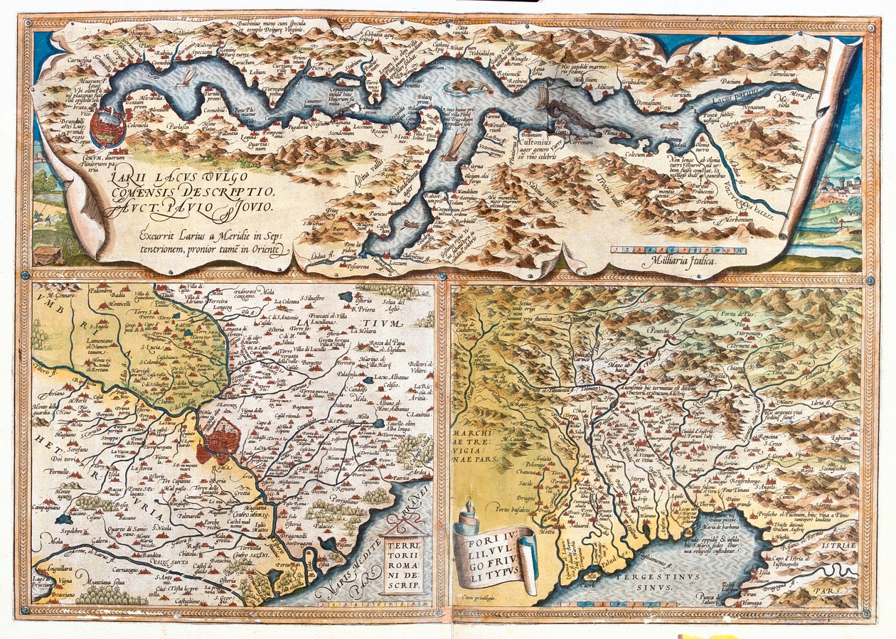 Comojärvi (Italia; alue: Lombardia), Rooma (Italia; alue: Lazio), Triestenlahti (Italia: Friuli-Venezia Giulian alue; Slovenia: perinteinen Slovenian Littoralin alue; Kroatia: Istrian maakunta). tekijältä Abraham Ortelius