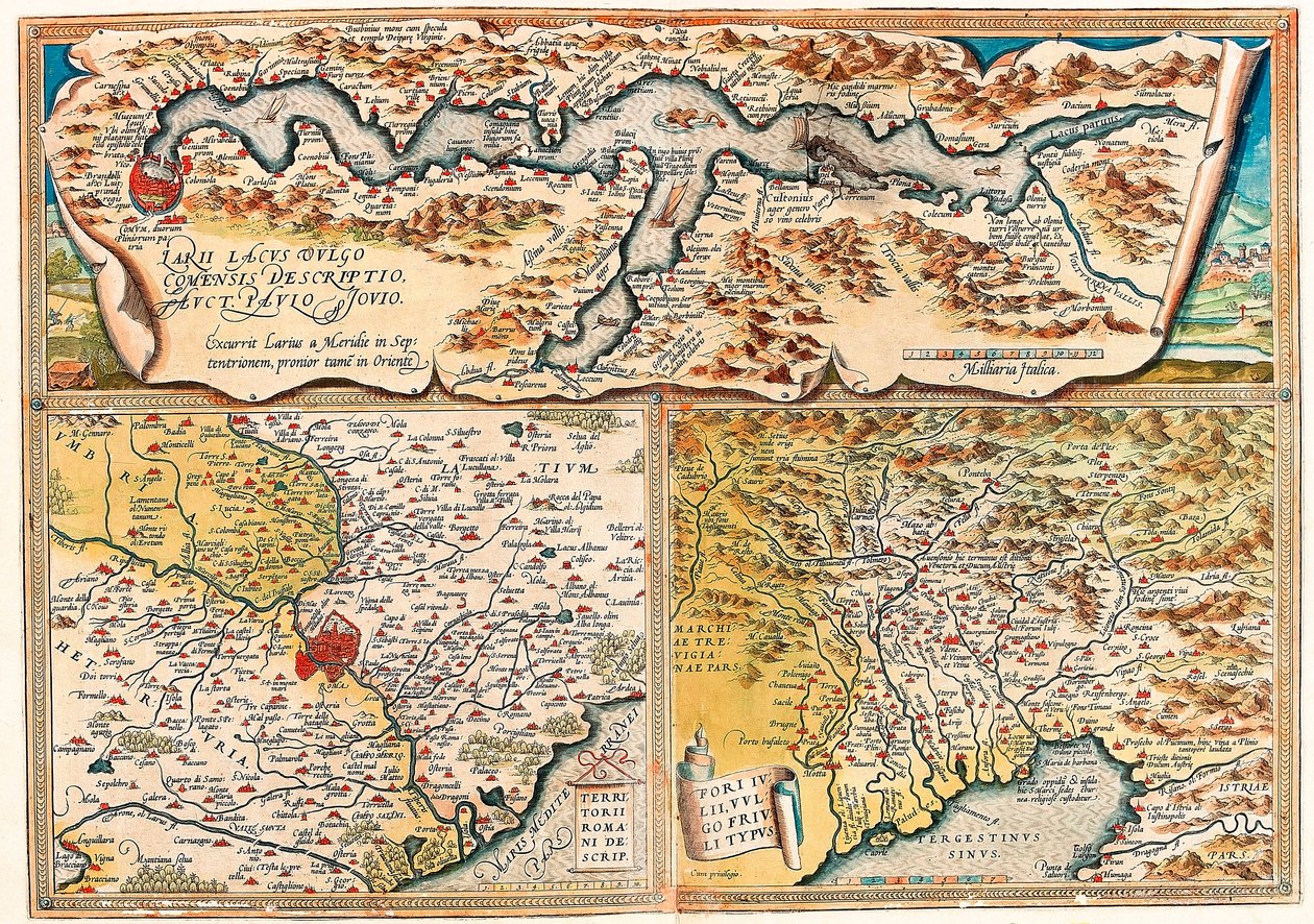 Larius Lacus Vulgo Juliuksen foorumin roomalainen alue. Pohjois-Italian maantieteellinen kartta Abraham Orteliuksen (Oertel, Ortell tai Ortel) "Theatrum Orbis Terrarumista" tekijältä Abraham Ortelius