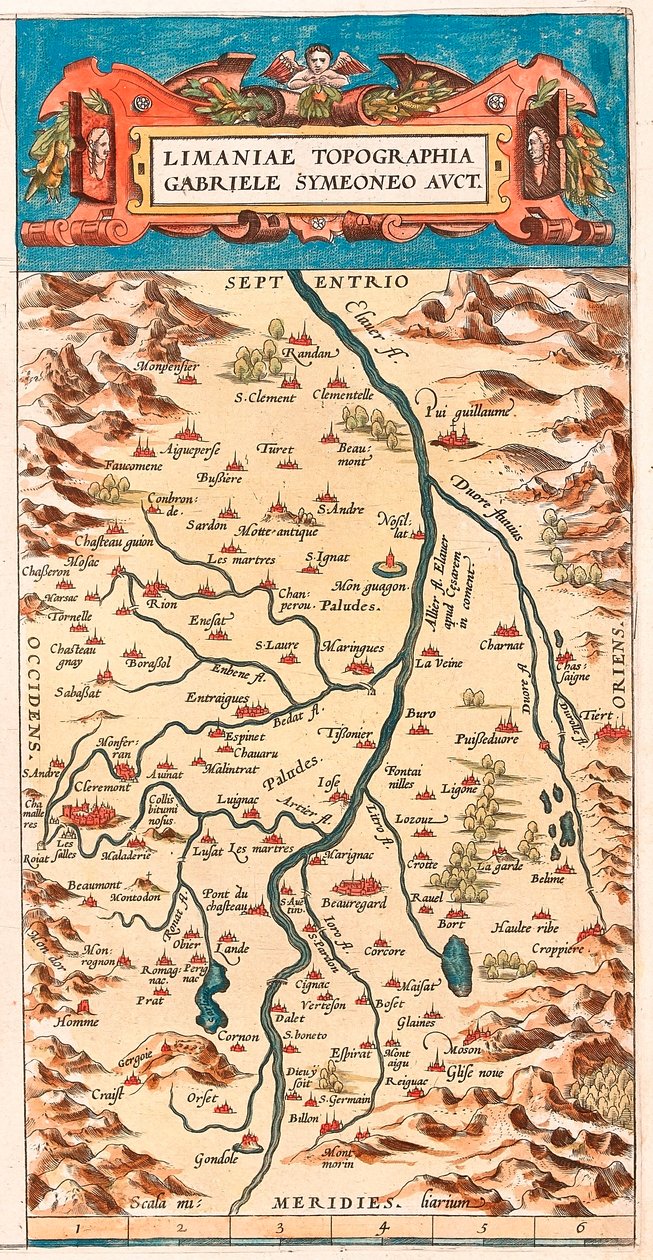 Limaniae-topografi Gabriele Symeoneo Avct Maantieteellinen kartta Loiren alueesta, jossa on linnat ja jokea reunustavat kaupungit (Beaumont, Aigueperse, Clermont ja Montferan (Montferrand), Beauregard, Cignac, Montaigu, Puy Guillaume...) otettu Theatrusta. tekijältä Abraham Ortelius