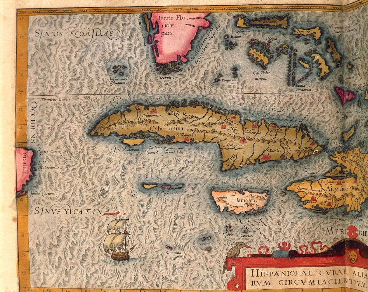 Kuuban ja Jamaikan kartta, Abraham Orteliuksen Theatrum Orbis Terrarumilta, painettu Antwerpenissä tekijältä Abraham Ortelius