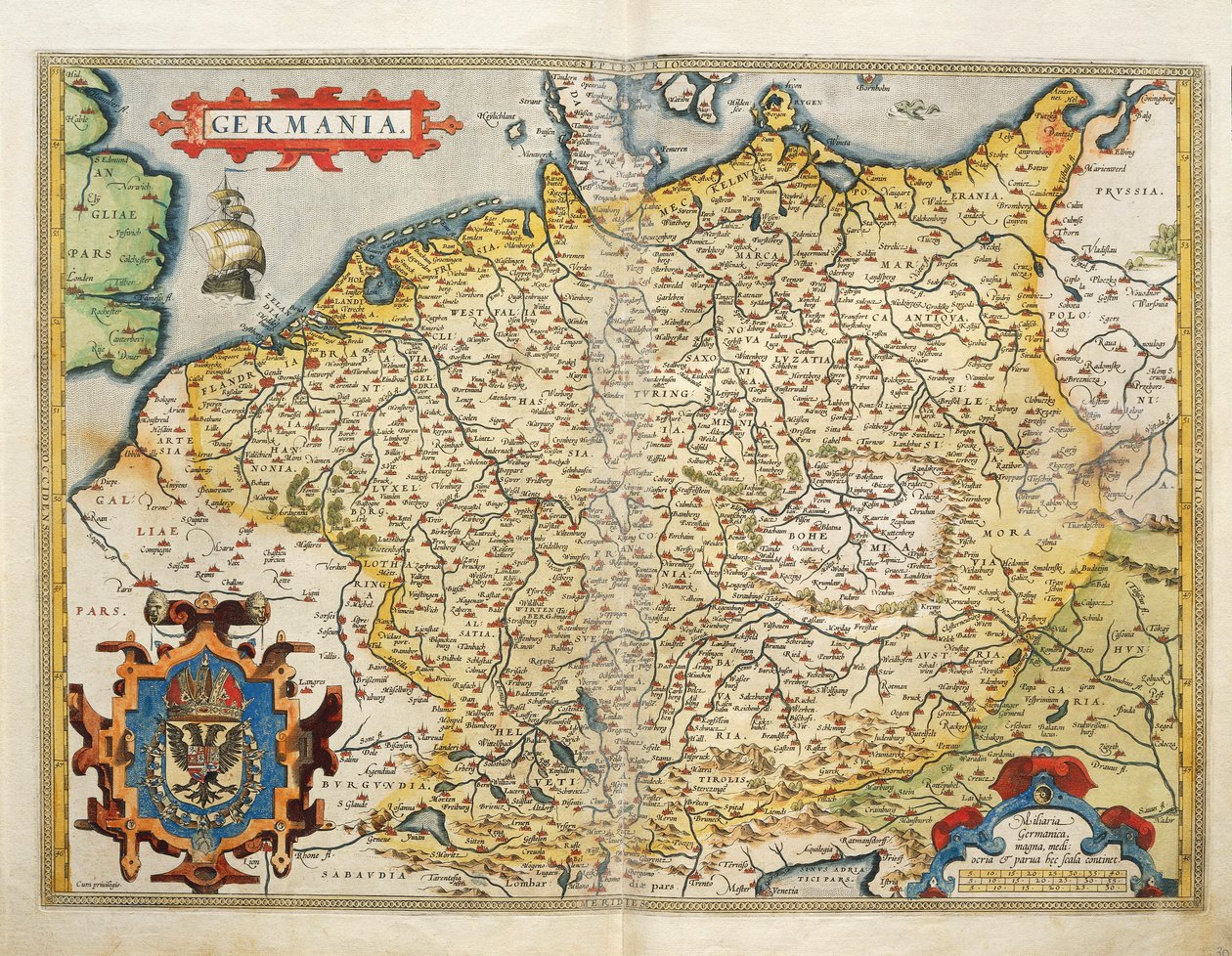 Abraham Orteliuksen Theatrum Orbis Terrarum -teoksesta peräisin oleva Saksan kartta. tekijältä Abraham Ortelius