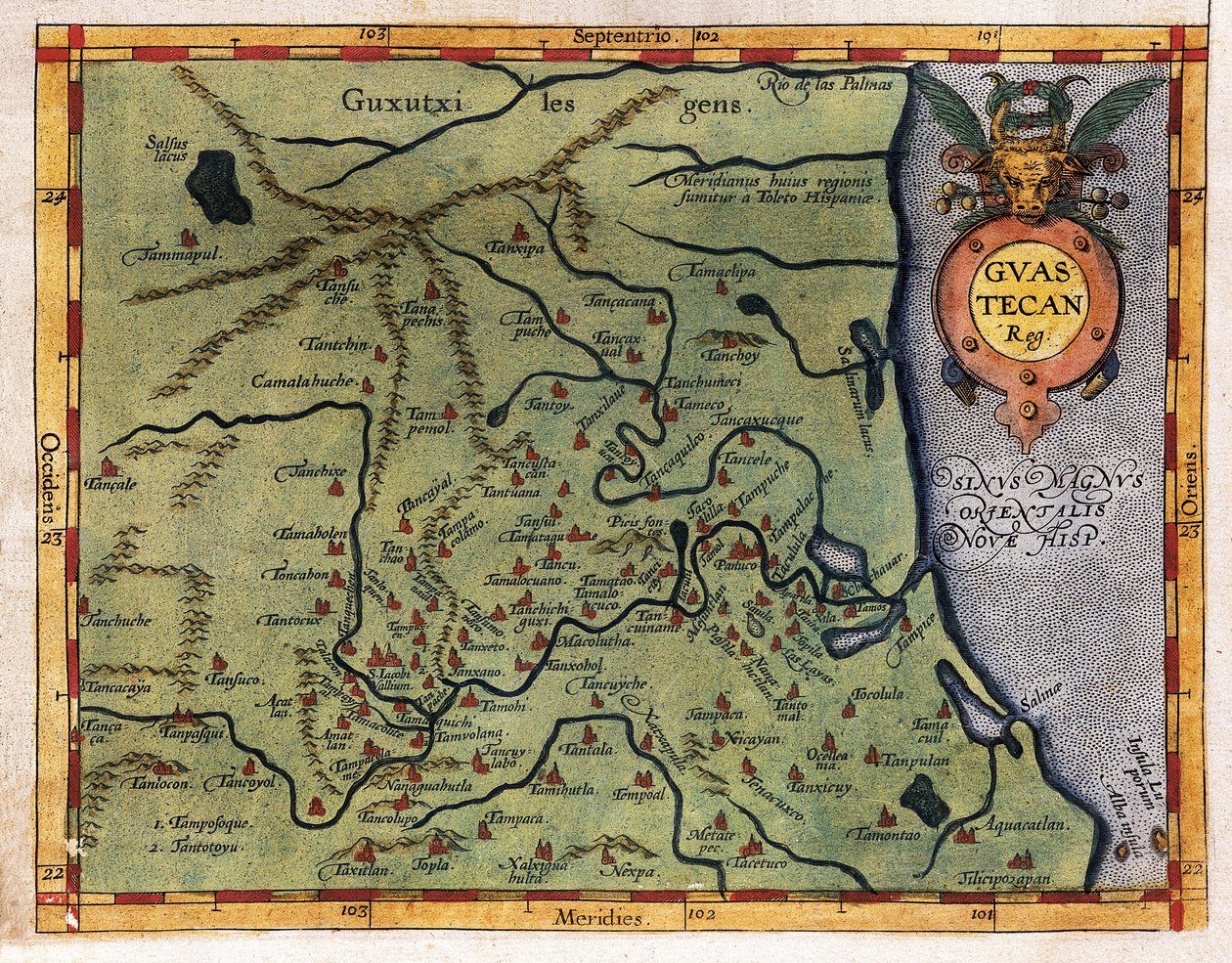 Meksikonlahden kartta (Guastecan), Hernando de Soton tutkimusmatkalta vuonna 1570 (kaiverrus) tekijältä Abraham Ortelius