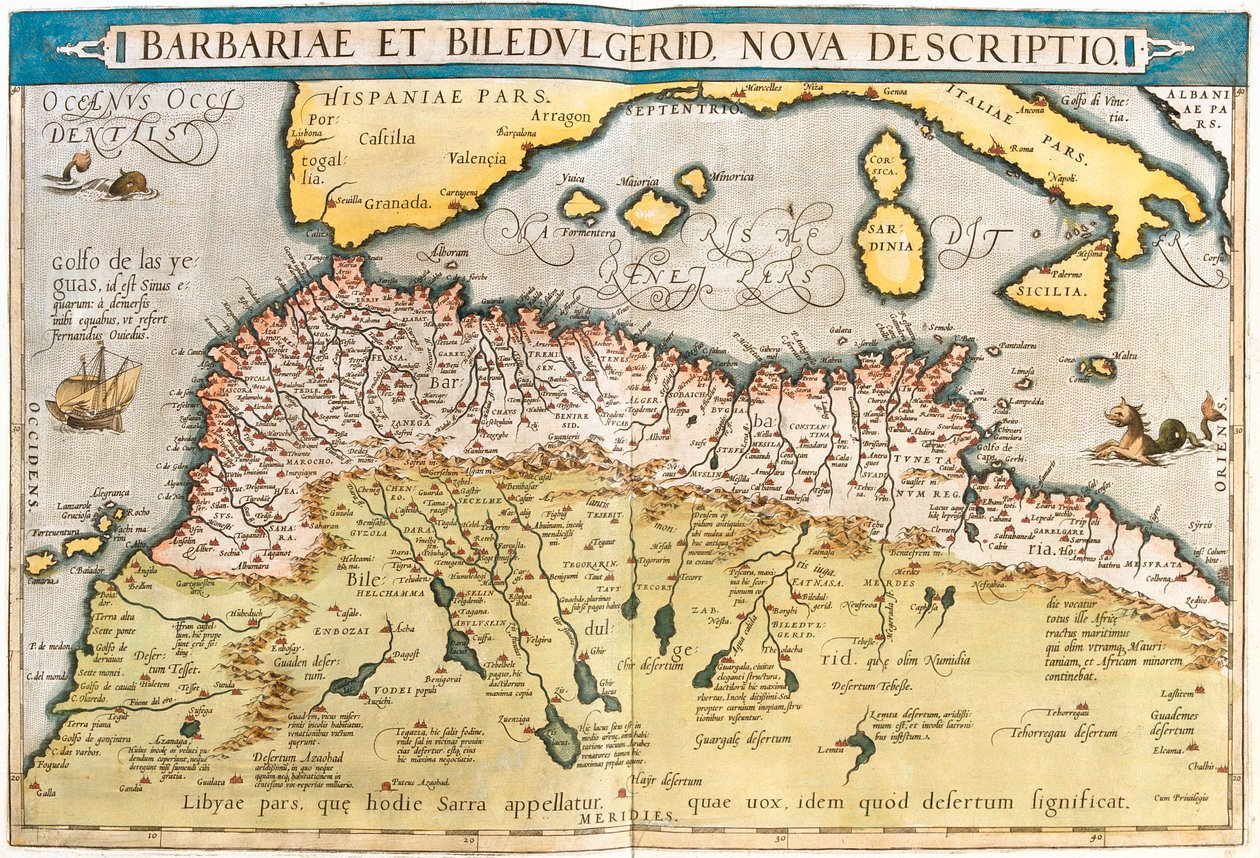 Marokko, Algeria, Tunisia, Länsi-Libya, Länsi-Sahara, Mauritania, Senegal, Mali, Niger. tekijältä Abraham Ortelius
