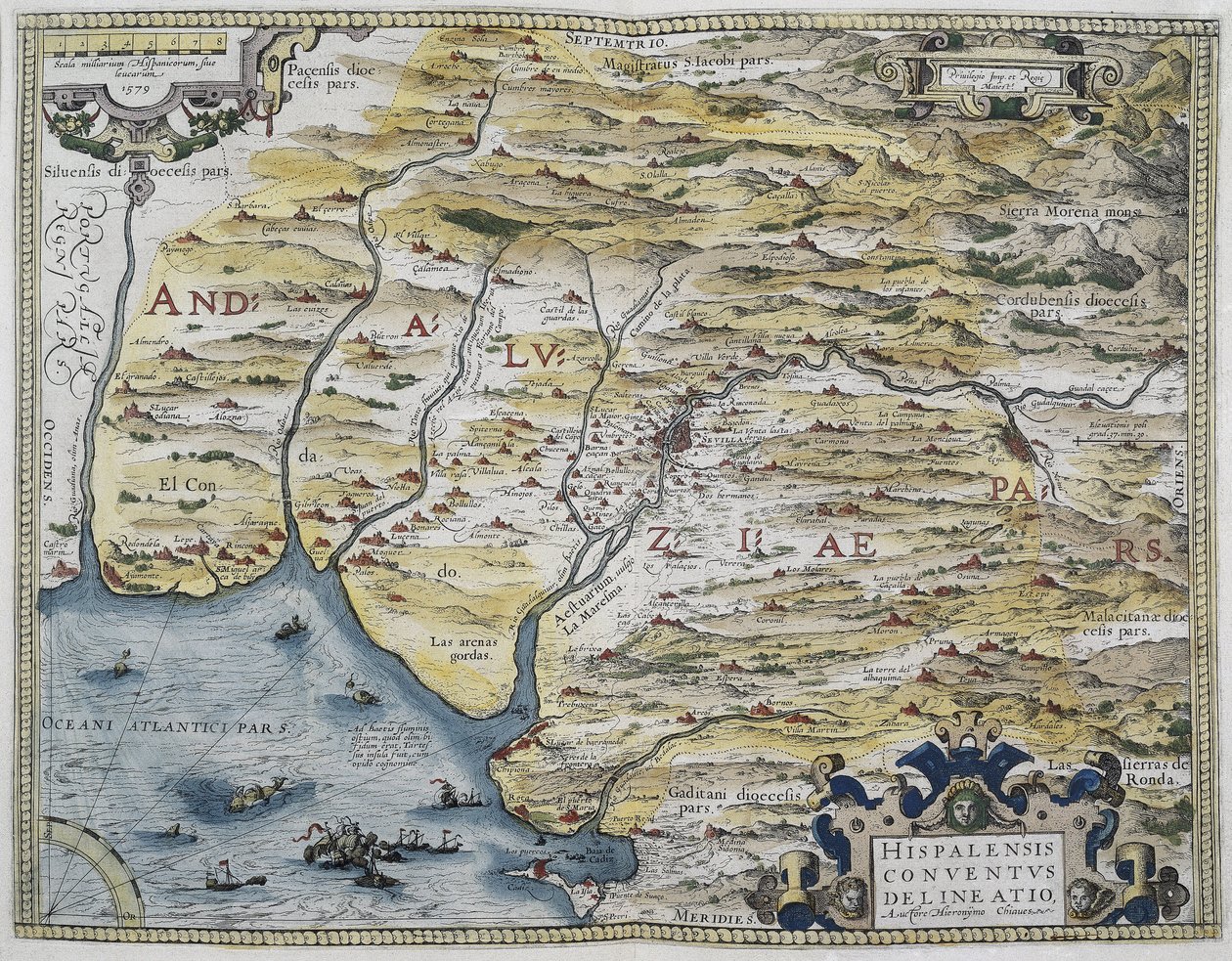 ORTELIUS, Abraham (1527-1598). Theatrum Orbis Terrarum. 1570. Sitä pidetään ensimmäisenä nykyaikaisena atlanttina. CHAVES, Jeronimo de (1523-1574). Matemaatikko, tähtitieteilijä ja merenkulkija. Länsi-Andalusian kartta. Perustuu Hieronimus Chiavesin kartta tekijältä Abraham Ortelius