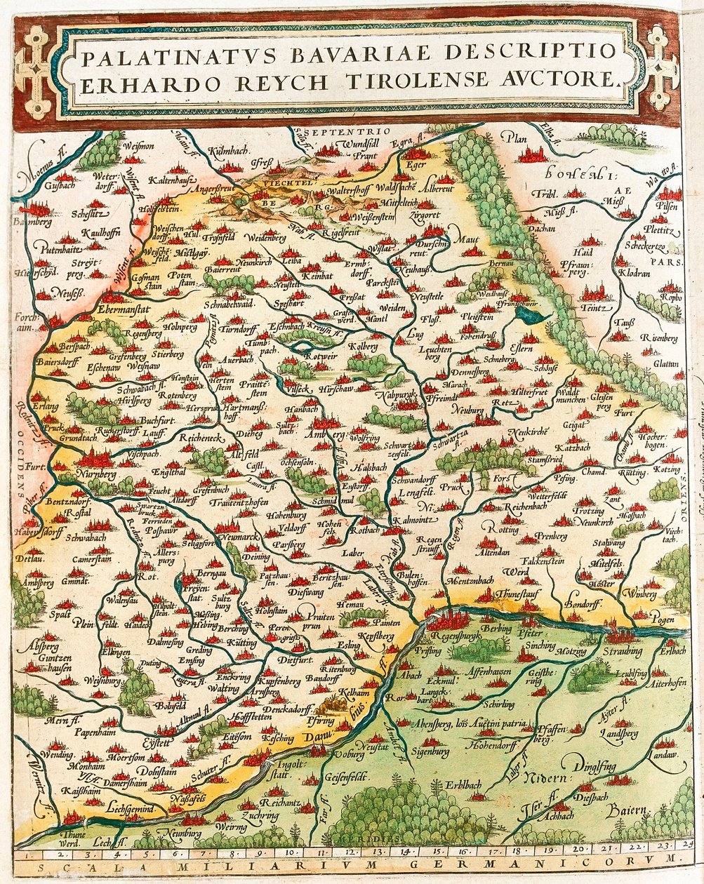 Baijerin Pfalzin maantieteellinen kartta Bavieren alueesta Saksassa Abraham Orteliuksen (Oertel, Ortell tai Ortel) "Theatrum of the World" -julkaisusta tekijältä Abraham Ortelius