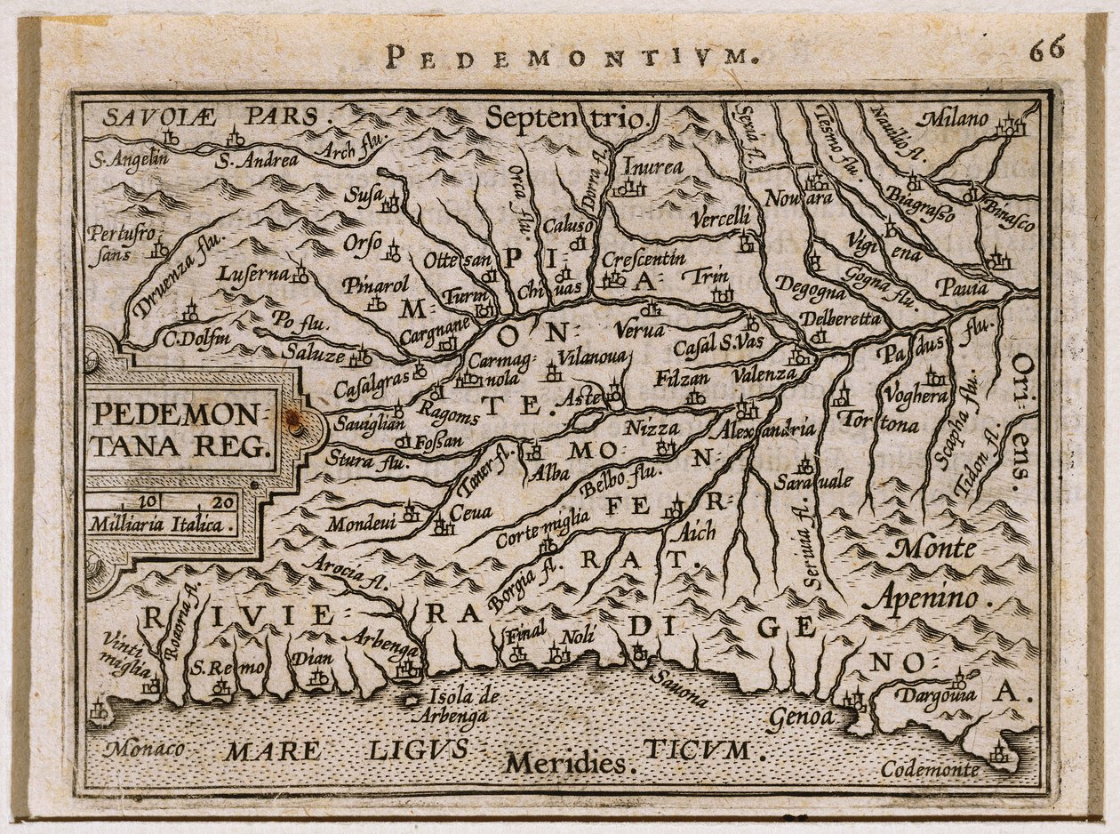 Piemonten ja Länsi-Ligurian alueet. Abraham Orteliuksen Theatrum Orbis Terrarumista tekijältä Abraham Ortelius
