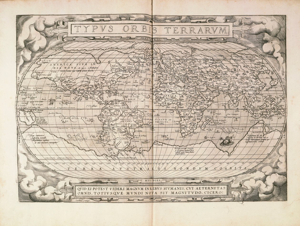Planisfääri Abraham Orteliuksen Theatrum Orbis Terrarumista, painettu Antwerpenissä tekijältä Abraham Ortelius