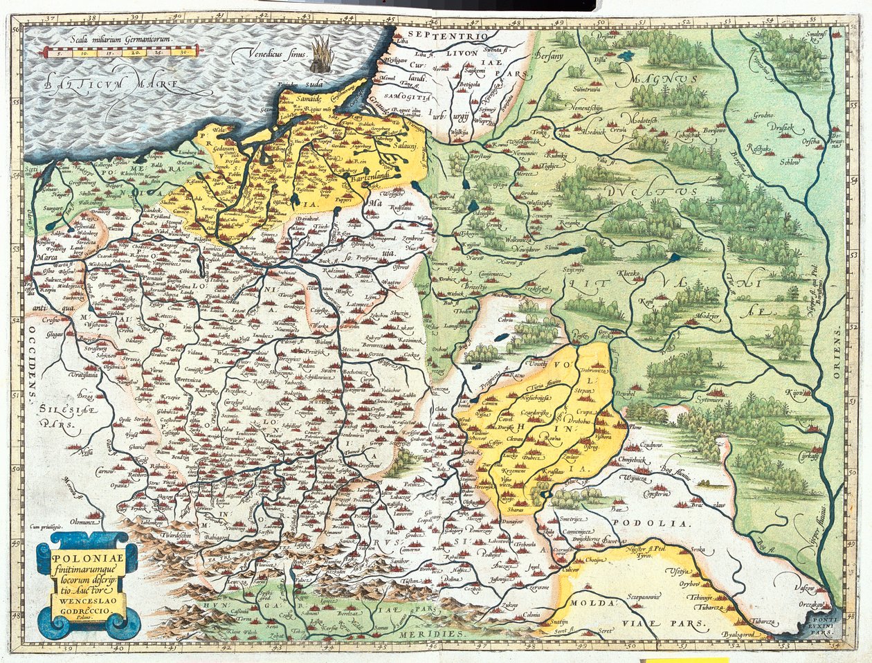Puola, Liettua (maakunnat: Klaipèda, Tauragè, Kaunas, Vilna, Utena, Marijampolè, Alytus), Valko-Venäjä (suuri osa, lukuun ottamatta Vitebskin alueen pohjoisosaa), Lounais-Venäjä, Länsi-Ukraina, Pohjois-Moldova, Slovakia (alue: Ilina, Preov). tekijältä Abraham Ortelius