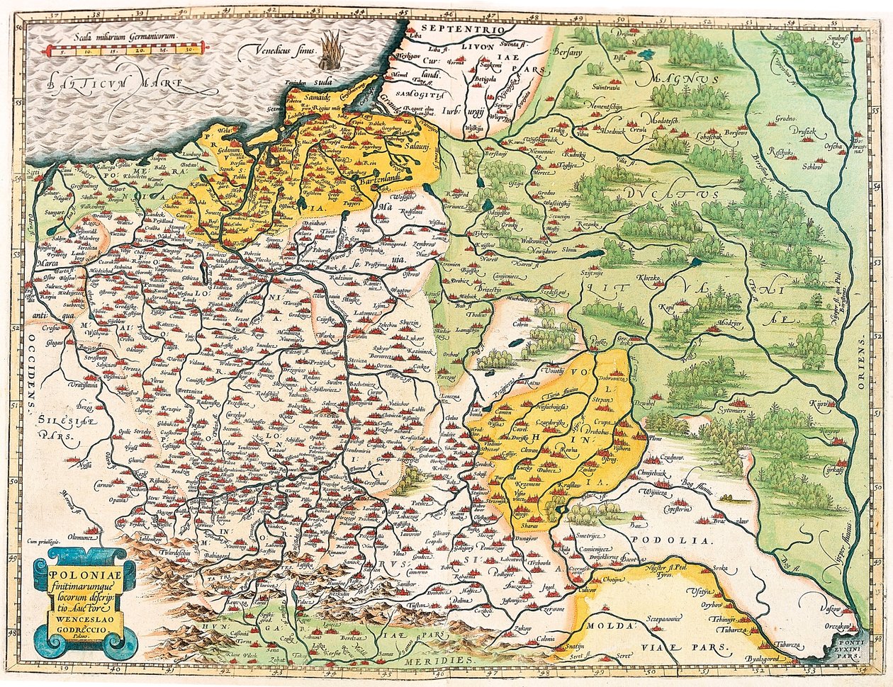 Kuvaus Puolasta ja sen lähialueista. Puolan maantieteellinen kartta "Theatrum Orbis Terrarumista", kirjoittanut Abraham Ortelius (Oertel, Ortell tai Ortel tekijältä Abraham Ortelius