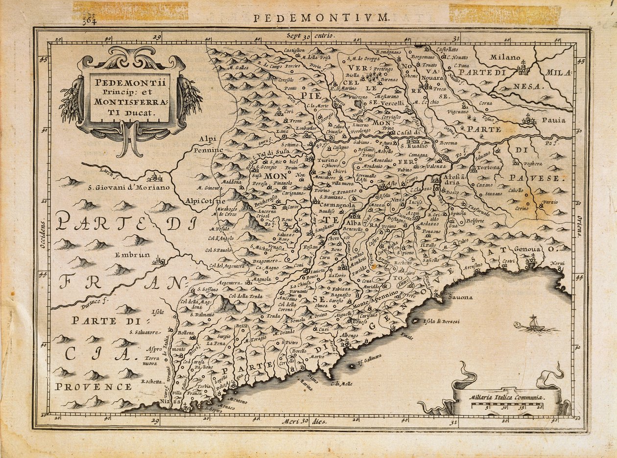 Piemonten ruhtinaskunta, Monferraton herttuakunta, Länsi-Liguria ja osa Itä-Ligurian aluetta, Abraham Orteliuksen Theatrum Orbis Terrarumista tekijältä Abraham Ortelius