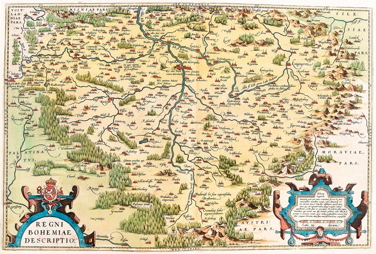 Böömin kuningaskunnan kuvaus Böömin alueen maantieteellisestä kartasta Abraham Orteliuksen (Oertel, Ortell tai Ortel) "Theatrum Orbis Terrarumista" tekijältä Abraham Ortelius