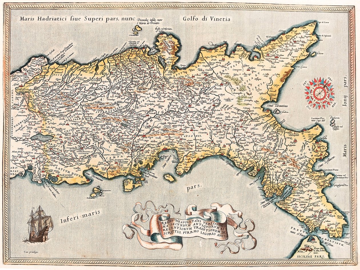 Pyrrhus Ligorius Auctin tarkin kuvaus napolilaisten hallituskaudesta muinaisten ja nykyajan perinteen mukaan. Maantieteellinen kartta Napolin kuningaskunnan alueesta Italiassa Abraham Orteliuksen (Oertel, Ortell tai Ortel) "Theatrum Orbis Terrarumista" tekijältä Abraham Ortelius