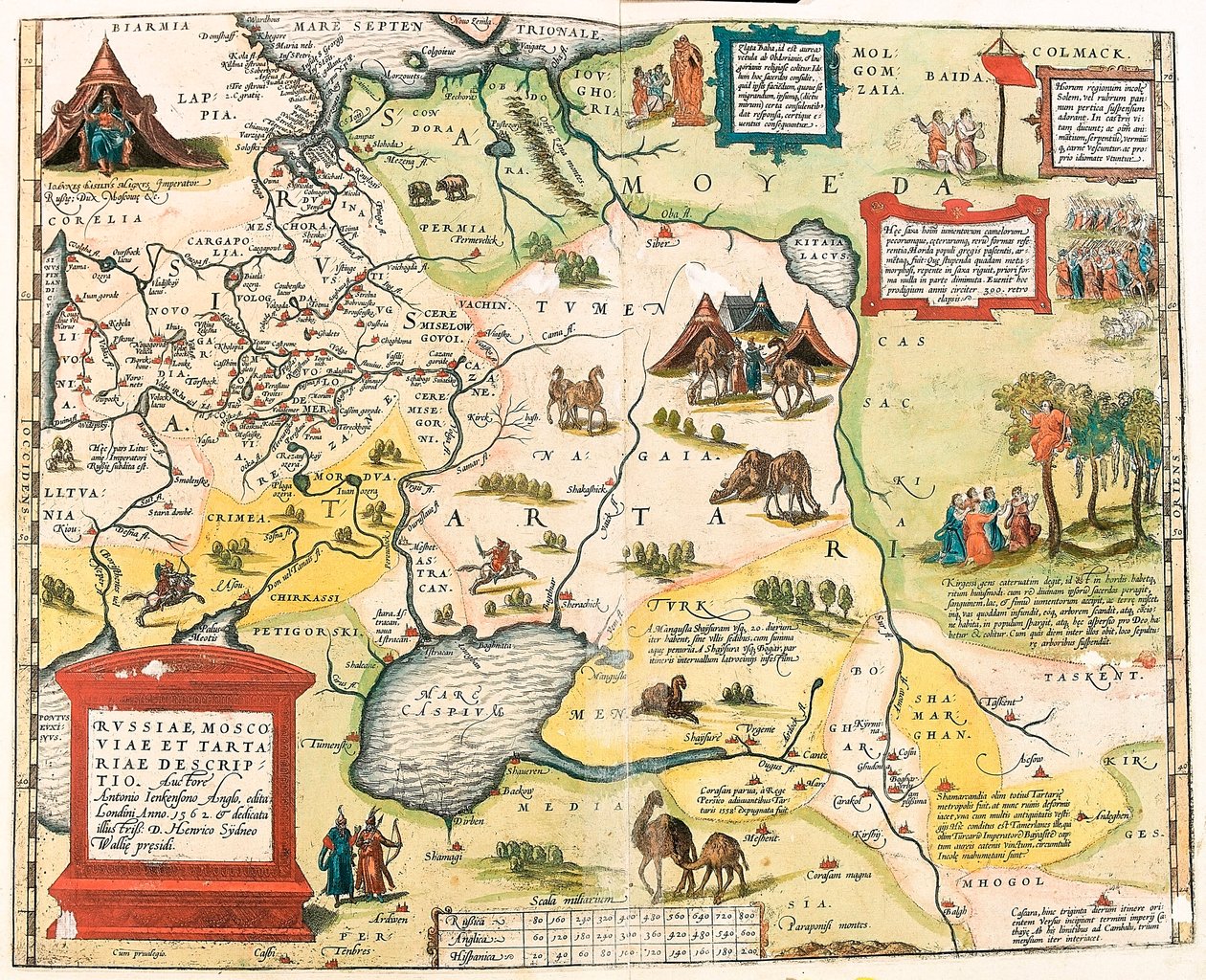 Kuvaus Venäjästä, Muskovista ja Tartaarista. Kirjailija Antonio Ienkenson Anglo, julkaistu Lontoossa vuonna 1562 Venäjän alueen maantieteellinen kartta Abraham Orteliuksen (Oertel, Ortell tai Ortel) "Theatrum Orbis Terrarumista" tekijältä Abraham Ortelius