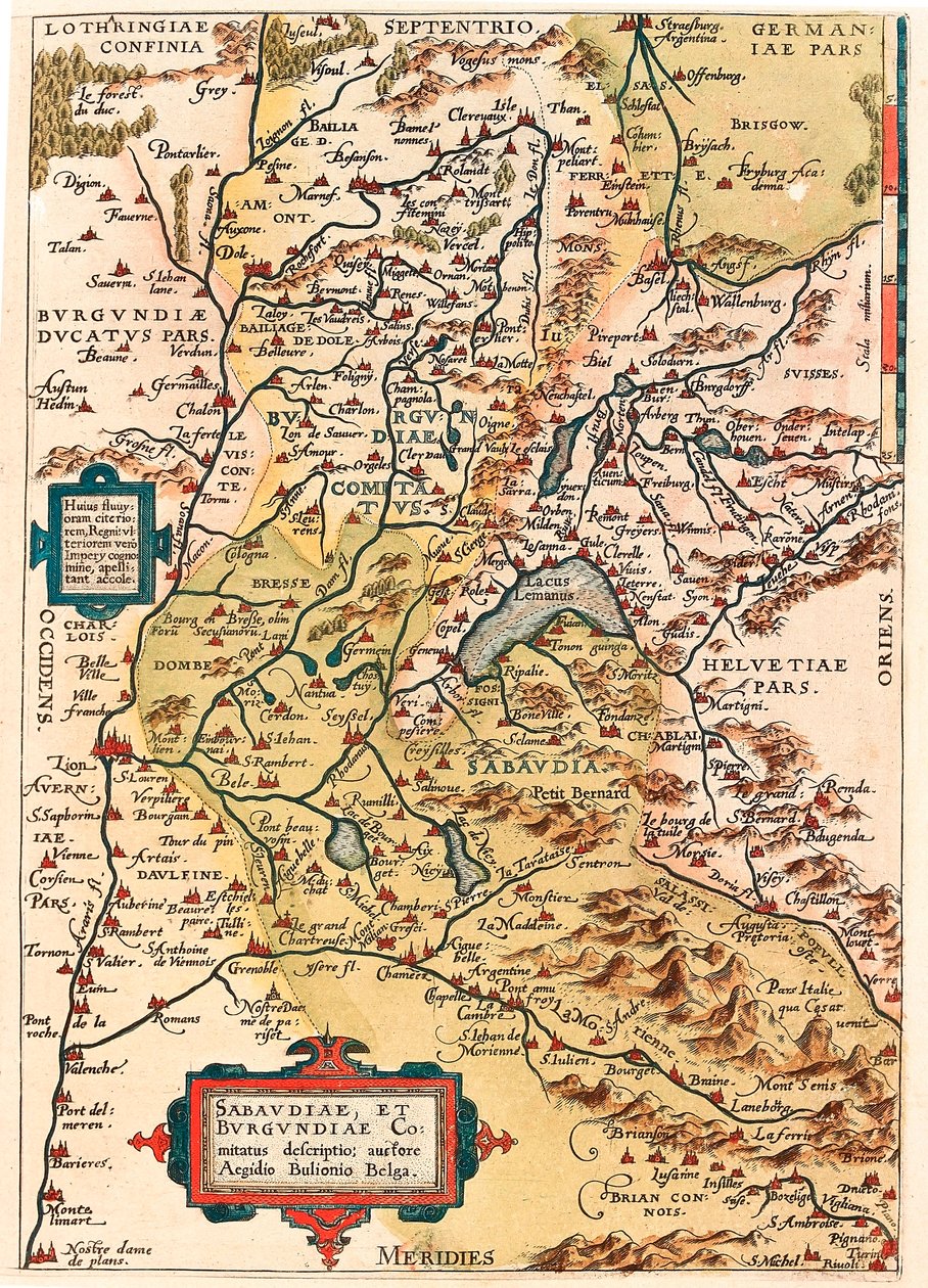 Sabaudia et Burgundiae Comitus kuvaus Burgundin ja Savoyn alueen kartta (Pontarlier, Dijon, Leman-järvi, Sveitsi) Abraham Orteliuksen (Oertel, Ortell tai Ortel) "Theatrum Orbis Terrarumista". tekijältä Abraham Ortelius