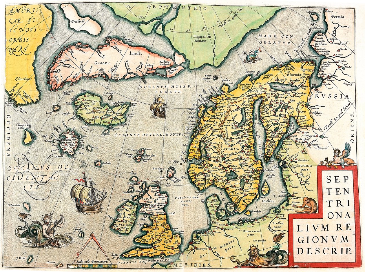 Kuvaus. Skandinavian ja Pohjois-Euroopan maantieteellinen kartta Abraham Orteliuksen (Oertel, Ortell tai Ortel) Theatrum Orbis Terrarumilta tekijältä Abraham Ortelius