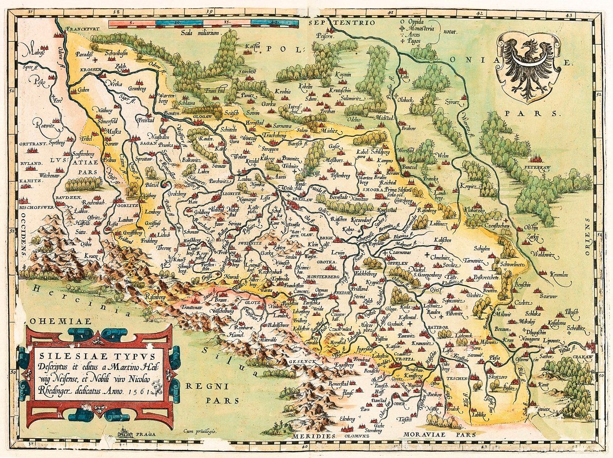 Silesia Typus Descriptio ja Descriptus ja julkaisija Martino Heilwid Neilsense, ja omistettu aatelismiehelle Nicolao Rhedingerille Anno 1561. Maantieteellinen kartta Frankfurtin eteläpuolisesta alueesta Saksassa Puolan lähellä Abraham Orteliuksen "Theatrum tekijältä Abraham Ortelius
