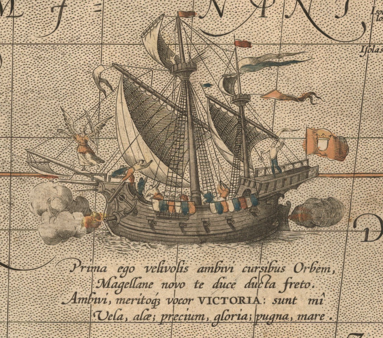 Victoria, espanjalainen carack, Ferdinand Magellans Armada de Moluccan alus. Aus Maris Pacific tekijältä Abraham Ortelius