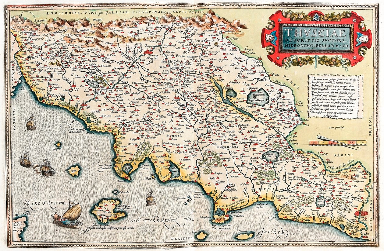 Suchciae Kuvaus kirjoittajalta Hieronymo Bellamarto Maantieteellinen kartta Toscanan alueesta Italiassa Abraham Orteliuksen (Oertel, Ortell tai Ortel) "Theatrum Orbis Terrarumista" tekijältä Abraham Ortelius