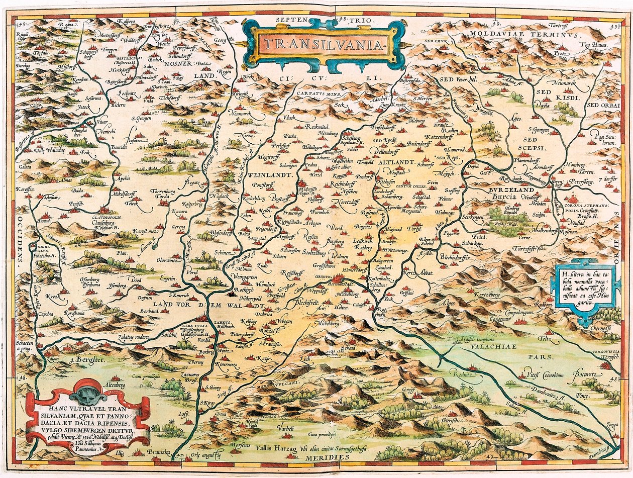 Transilvania Maantieteellinen kartta Transilvanian alueesta (Transylvania) Abraham Orteliuksen (Oertel, Ortell tai Ortel) "Theatrum Orbis Terrarumista" tekijältä Abraham Ortelius