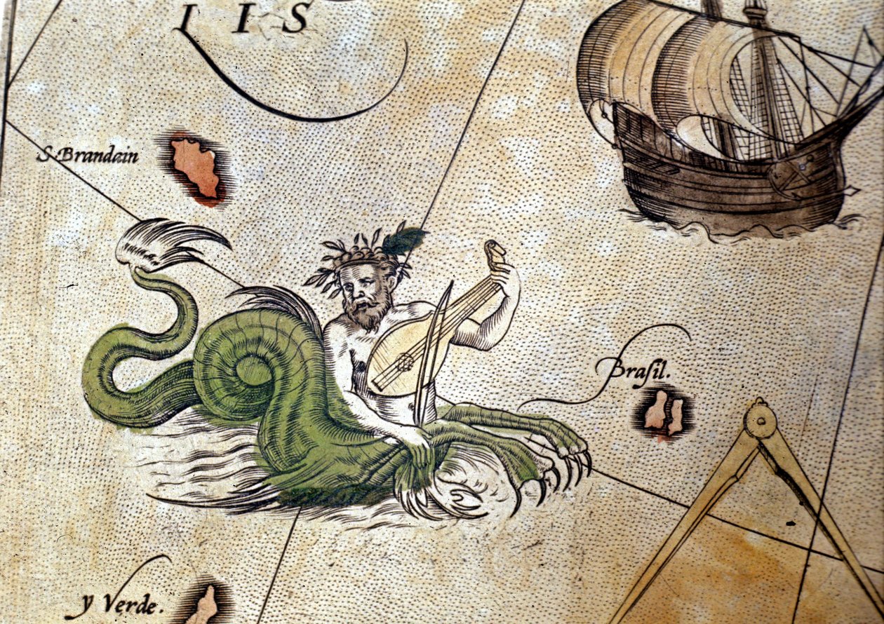 Triton soittaa luuttua lähellä Saint Brendanin (Brendan) saarta. Abraham Orteliuksen "Theatrum Orbis Terrarum", Antwerpen 1584 tekijältä Abraham Ortelius