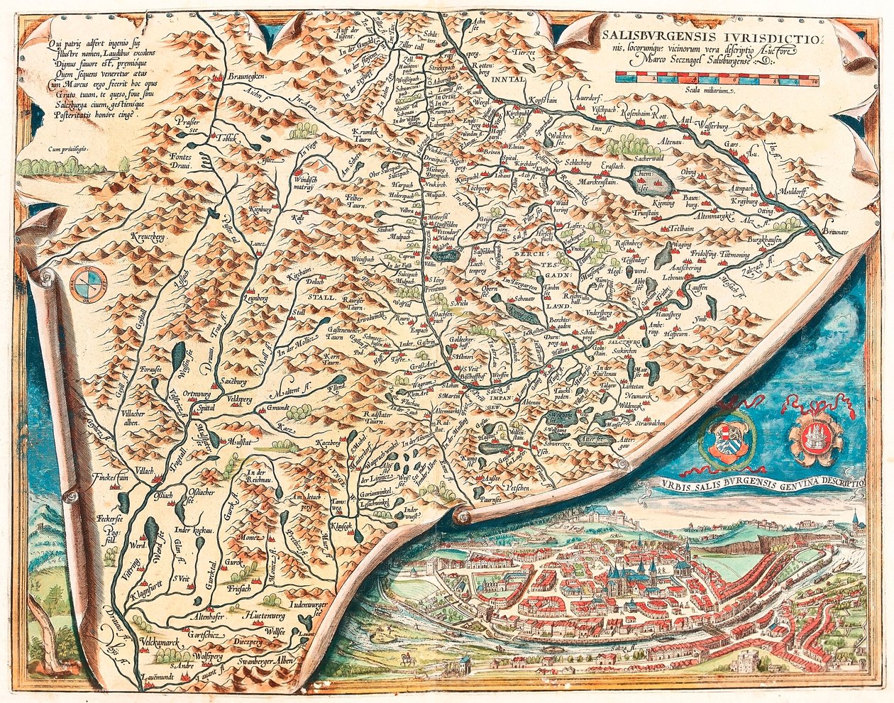 Aito kuvaus Salzburgin kaupungista Itävallan Salsburgin alueen maantieteellinen kartta Abraham Orteliuksen (Oertel, Ortell tai Ortel) "Theatrum Orbis Terrarumista" tekijältä Abraham Ortelius