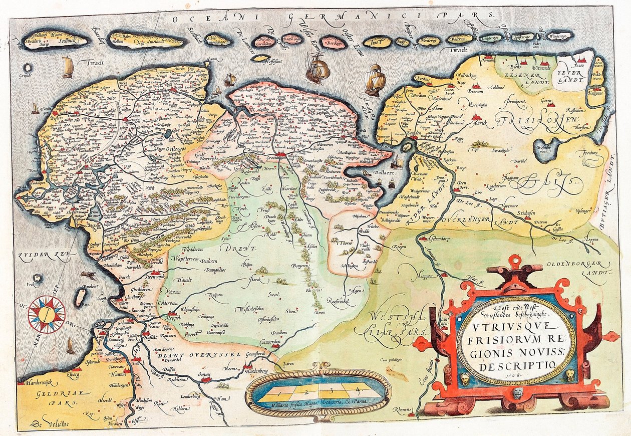 Molemmat Frisiit, uuden alueen. Kuvaus Maantieteellinen kartta Alankomaiden alueesta Groningenin (Groeningen) ja Leeuwardenin kaupungeilla... otettu Abraham Orteliuksen (Oertel, Ortell tai Ortel) "Theatrum Orbis Terrarumista" tekijältä Abraham Ortelius