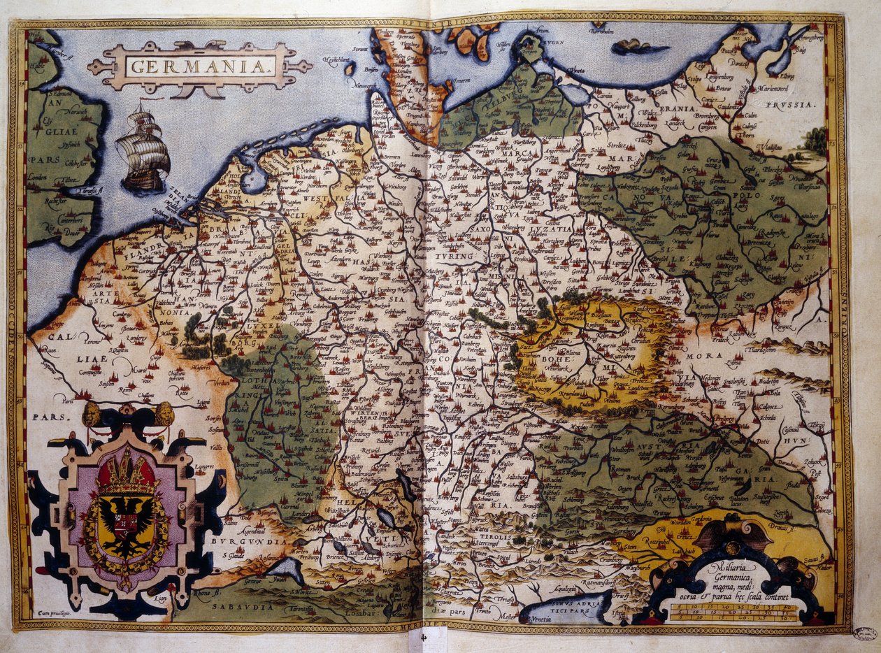 Näkymä Preussille. Levy kartanografi Abraham Orteliuksen (1527-1598) "Theatrum Orbis Terrarum" -painoksesta tekijältä Abraham Ortelius