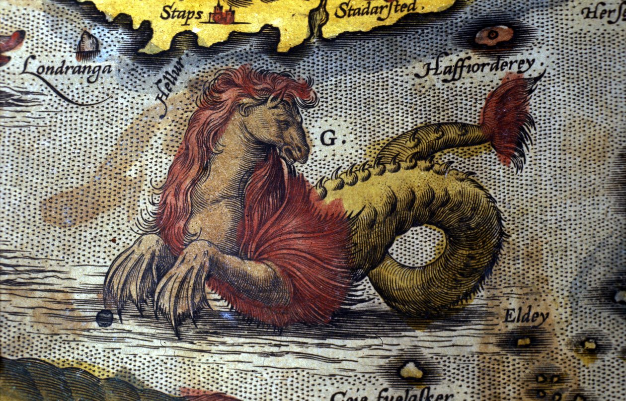 merihirviön esitys hevoseni merikäärmeeni. Levy kartanografi Abraham Orteliuksen (1527-1598) "Theatrum Orbis Terrarum" -painoksesta tekijältä Abraham Ortelius