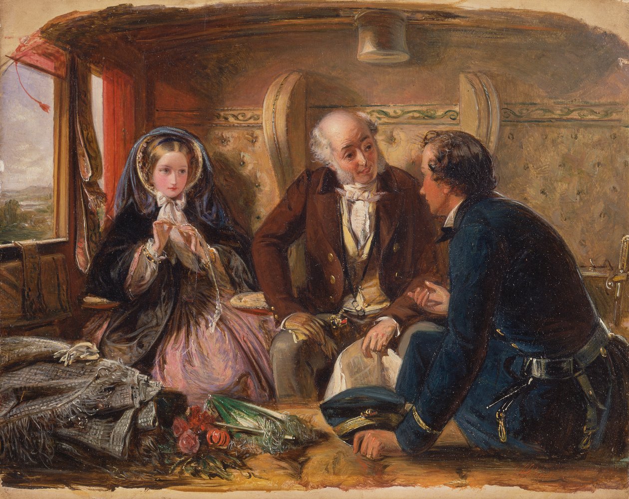 Ensimmäinen luokka – kokous. "Ja ensimmäisellä tapaamisella rakasti." [1854, Royal Academy of Arts, Lontoo, näyttelyluettelo] tekijältä Abraham Solomon