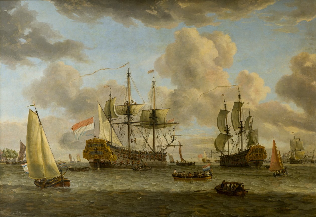 Hollantilainen laivauskohtaus alusten kanssa In-joen suulla, n. 1664-1708 (öljy kankaalle) tekijältä Abraham Storck