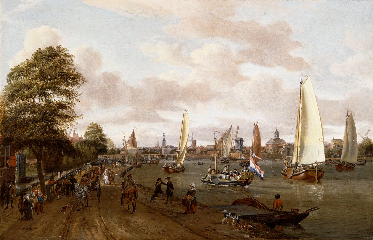 Panoraamanäkymä Amsterdamiin proomulla ja pienaluksilla Buiten-Amstelilla, tekijältä Abraham Storck