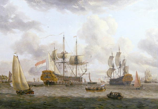 Hollantilainen laivauskohtaus leveässä suistossa (öljy kankaalle) tekijältä Abraham Storck