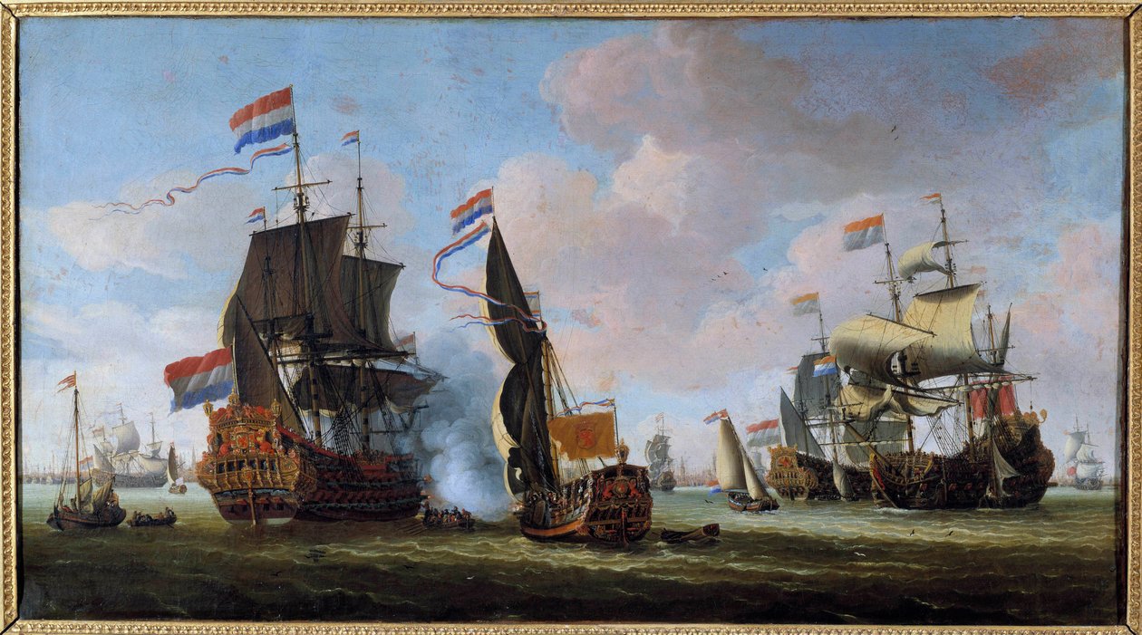 Meri: meritaistelun kohtaus Abraham Storckin (1635-1710) maalaus 1600-luvun Angers, Kuvataidemuseo tekijältä Abraham Storck